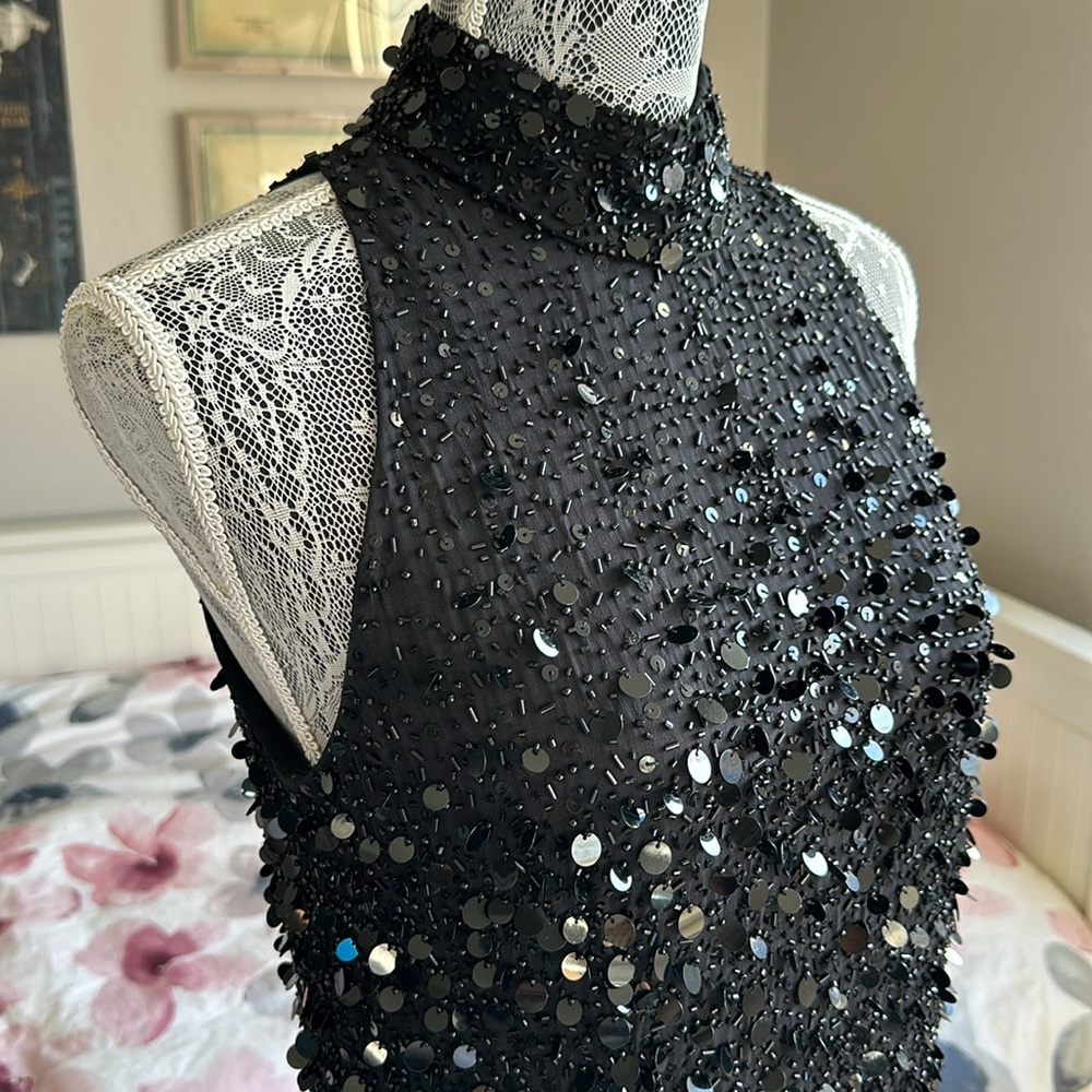 Bicici 100% Silk Sequin & Beaded Black Halter Mock Neck DiscoMini Cocktail Dress - Picture 2 of 14